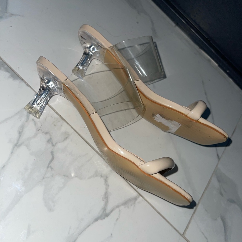 Cream Block Heel Sandals with Transparent Straps - Picture 3 of 4